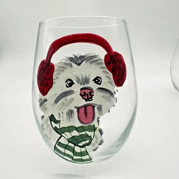 Christmas Holiday Dogs Stemless Wine Glasses Pier 1 Imports Hand Painted - Picture 9 of 16